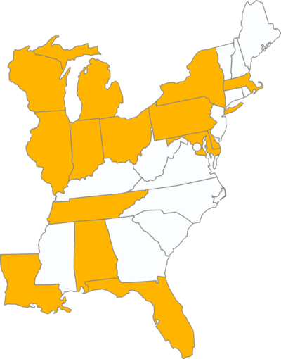 Map of Eastern US with highlighted states that we work in